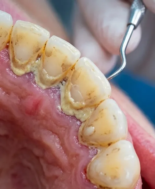 Ilustração: dentes com acúmulo de tártaro amarelado junto à gengiva, antes da limpeza